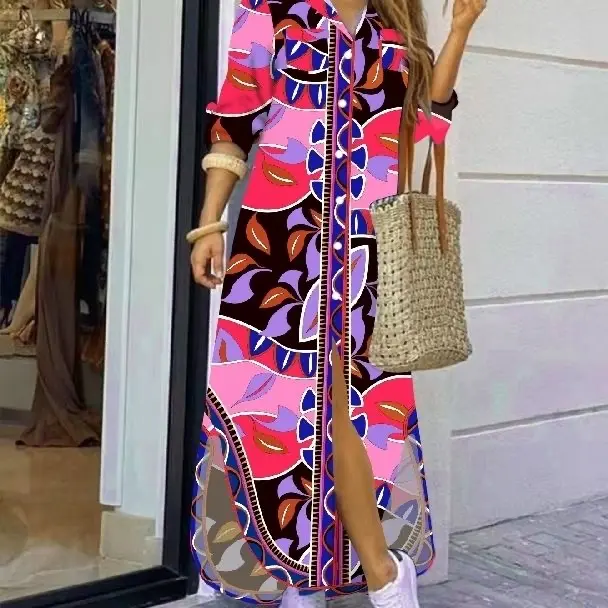Individuelle Farbe Poplin 100 % Baumwolle Damenlangekleid Digitaldruck lockere Taille elegante lange Kleider