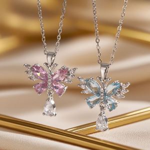 Collar De Acero Inoxidable Stainless Steel Chain <b>Necklace</b> Jewelry Pink <b>Blue</b> Zircon Butterfly Charm Clavicle Chain <b>Necklace</b> - Product Image 1