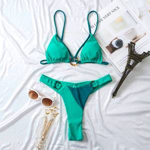 Conjunto de bikini de cuerda para mujer Añadir logotipo Tanga <span class=keywords><strong>sexy</strong></span> Color de contraste Trajes de baño de dos piezas Traje de baño de color sólido - Product Image 2