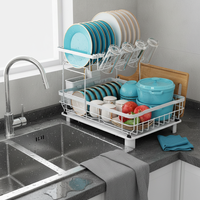 Égouttoir à vaisselle sur pied pour évier de cuisine, moderne, en métal, double niveau, multifonctionnel, avec panier à baguettes, design non pliable
