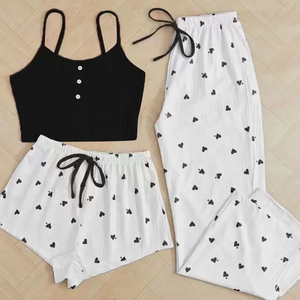 Mujeres 3 piezas verano Spandex algodón pantalones chaleco pantalones cortos conjuntos pijama hogar <span class=keywords><strong>amor</strong></span> estampado Casual desgaste pijamas <span class=keywords><strong>de</strong></span> mujer para ropa externa - Product Image 2