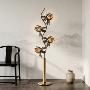 Lampadaire floral artistique avec pétales en verre gris, support en fer noir, luminaire E26, lampe sur pied unique en forme de fleur pour la maison et le bureau - Product Image 6