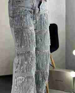 กางเกงยีนส์เอวสูงสำหรับผู้หญิง, กางเกงยีนส์แต่งพู่ห้อยทรงหลวมขาบานกว้างสไตล์ลำลองผ้าทอฤดูใบไม้ร่วง - Product Image 4