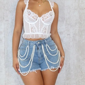 Viviblook Z526PT02 2025 verano Retro perla Rhinestone Casual pantalones cortos nuevos pantalones cortos de mezclilla para mujeres Sexy Shorts Party Club - Product Image 4