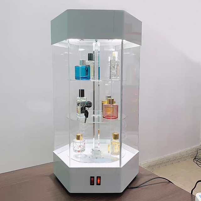 Rotating Acrylic Display Showcase with LED Lighting Perfume Cosmetics Sunglasses Cabinet