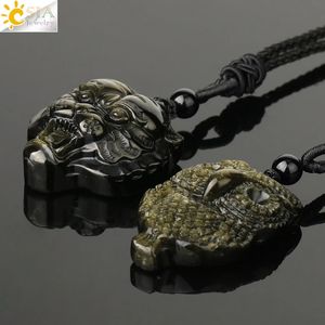 CSJA caliente oro obsidiana hombres collar tejido hecho a mano tallado cabeza de tigre búho piedra collares colgante joyería G777 - Product Image 3