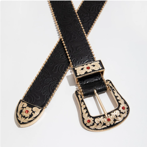 <span class=keywords><strong>Ceinture</strong></span> noire formelle de style occidental avec motifs gaufrés, <span class=keywords><strong>boucle</strong></span> ardillon en alliage doré, pierres rouges incrustées, clous décoratifs, look rétro SaiJe - Product Image 3