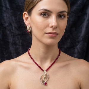 Brass Gold Plated <b>Ruby</b> Beaded <b>Necklace</b> Earring Set Leaf Pendant Cubic Zirconia Choker Indian Wedding Jewelry for Women - Product Image 3