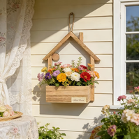 Ornement et décoration murale pour la maison, petite maison en bois décorative, pot de fleurs artificielles et panier à fleurs à suspendre pour la maison