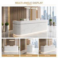 Bureau de réception moderne personnalisable de luxe minimaliste avec motif marbré, façade en bois courbé, éclairage LED, écologique, durable, pour salle de sport, hôtel