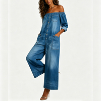 Combinaison en jean délavé à épaules dénudées pour femme, sexy, boutonnée, style streetwear, moulante, tenue une pièce tendance