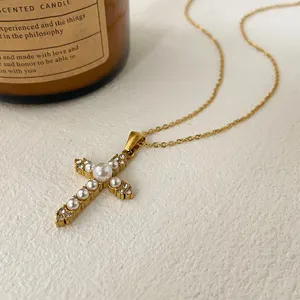 Vintage Punk Metal Wind Titanium Steel Pearl Cross Necklace Jewelry New Stainless Steel Gold Plated 18k Pearl Pendant Necklace