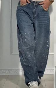 Viviblook Z102PT01 <b>Women</b> Vintage Denims Streetwear Diamonds Pants Stretch High Waist Washed Distressed Pockets Straight <b>Jeans</b> - Product Image 3