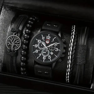 Orologio da Polso Casual da Uomo al Quarzo con Doppio Quadrante, Cinturino in Pelle PU, Quadrante in Vetro da 44mm, Tre Sottoquadranti, Regalo per la Festa del Papà - Product Image 3