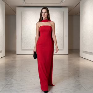 Vestido de Noche Largo Rojo Rubí sin Tirantes con Cuello Tipo Pañuelo Integrado, Tallas S-6XL, Crepé, Vestido Formal para Banquete, Gala, Venta al por Mayor para Boutiques - Product Image 1