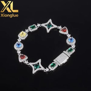 Colorful Gemstone Brilliant Cut Hiphop Fashion Trendy Sparkling <b>Copper</b> Alloy Zircon Star Square Charm Link Chain Unisex <b>Bangle</b> - Product Image 6
