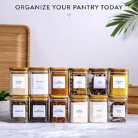 Ensemble de pots à épices carrés en verre pour la cuisine et la maison, lot de 12 pièces, couvercles en bambou, rembourrage en coton perlé inclus, étiquettes modernes