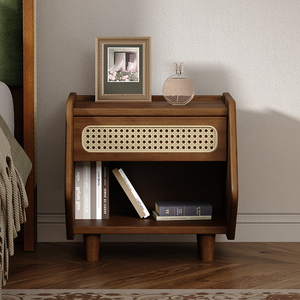 Walnut Nightstand With Rattan Detail MDF Solid Wood Modern Bedroom Storage Open <b>Shelf</b> Drawer Indoor Furniture - Product Image 1