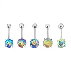 New Design Simple Fish Scales Fantasy Color Stainless Steel Prong Setting Synthetic Opal Wholesale Navel Ring Belly Button