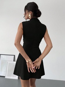 Vestido de satén sin mangas de línea A Digital teñido liso de verano para mujer, estilo informal a la moda, cintura Natural tejida con Logo frontal - Product Image 6