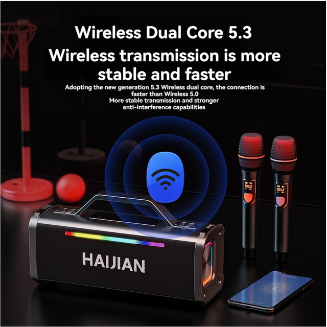 HAIJIAN HJ-68 100W Portable Bluetooth Karaoke Speaker with 2 Wireless Mics, Subwoofer, RGB Light for Home Party Outdoor
