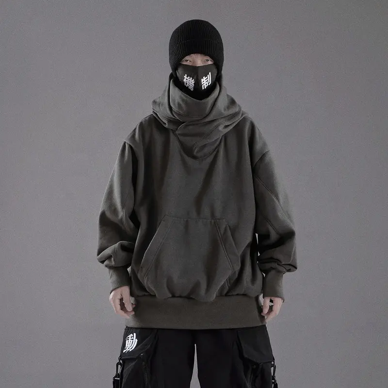 Özel yüz kapatma maskeli erkekler için Hoodie Streetwear Hip Hop katı pamuklu yüksek yaka boyun balıkçı yaka boy Ninja Hoodies
