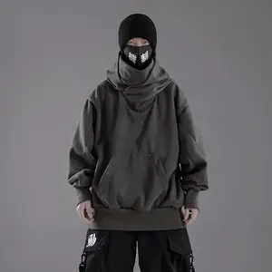 Custom Face Cover Masked Hoodie For Men Streetwear Hip Hop Solid Cotton High Collar Neck Turtleneck Oversize Ninja Hoodies