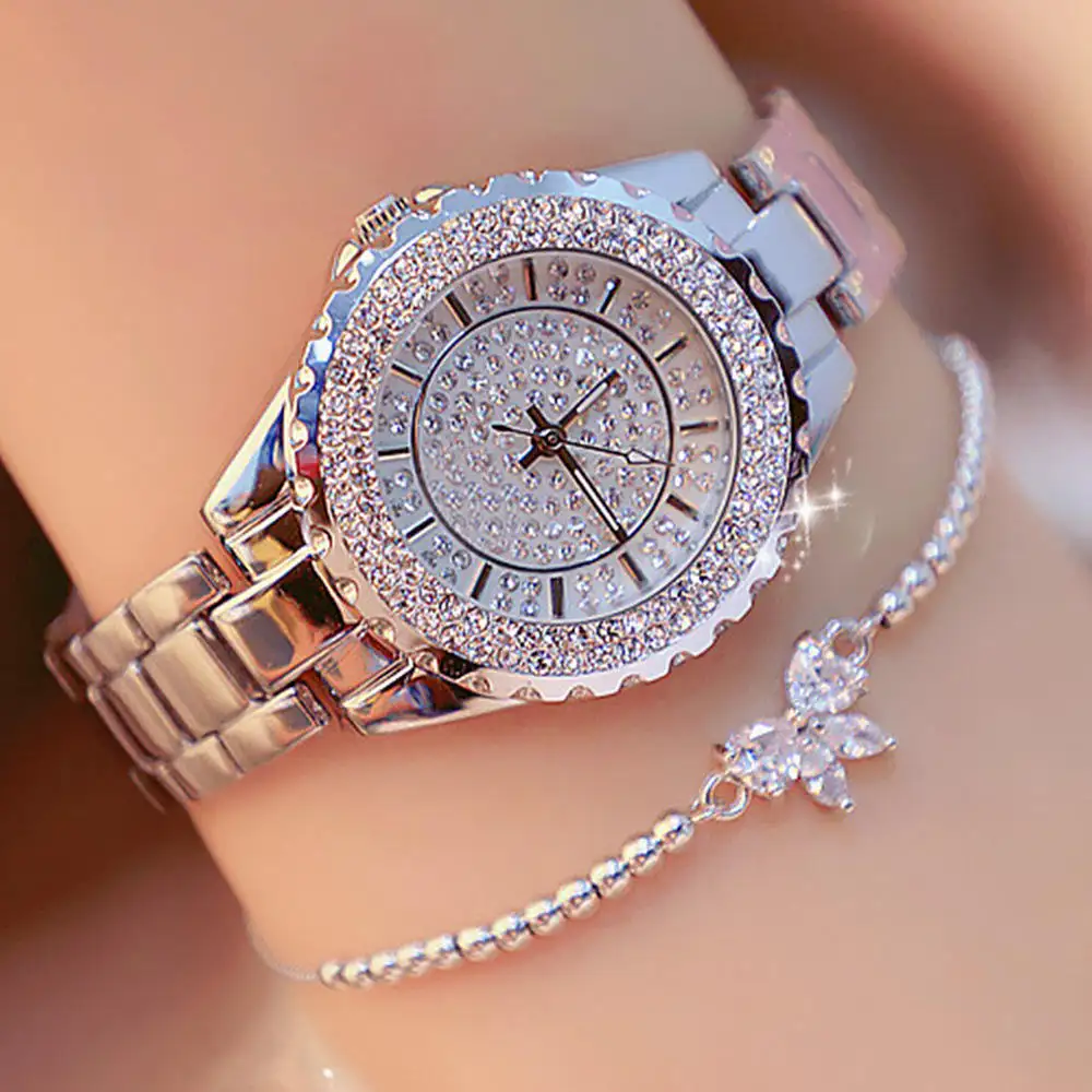 Hifive Wholesale Fashion Women Silver gold Alloy Steel Quartz Wristwatch Diamond Watches Ladies Wrist luxury jewelry watches