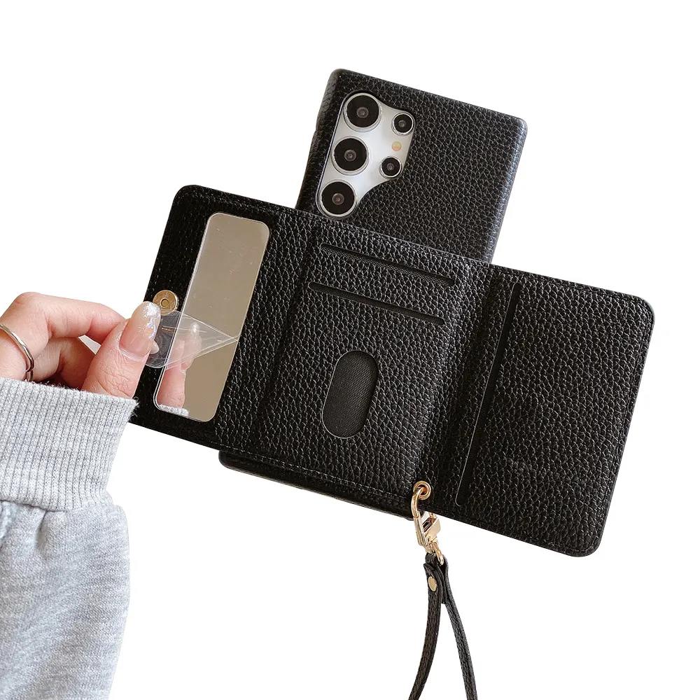 Shoulder Strap Litchi Grain Leather Folio Phone Case for Samsung S24 Ultra Lanyard Multiple Card Slots Wallet Bracket Back Cover