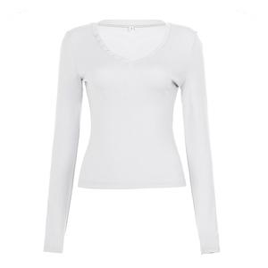Camiseta de Punto de Manga Larga con Cuello en V de Color Sólido para Mujer, Informal, Básica, Ajustada, Suave y Elástica, para Verano y Otoño - Product Image 6