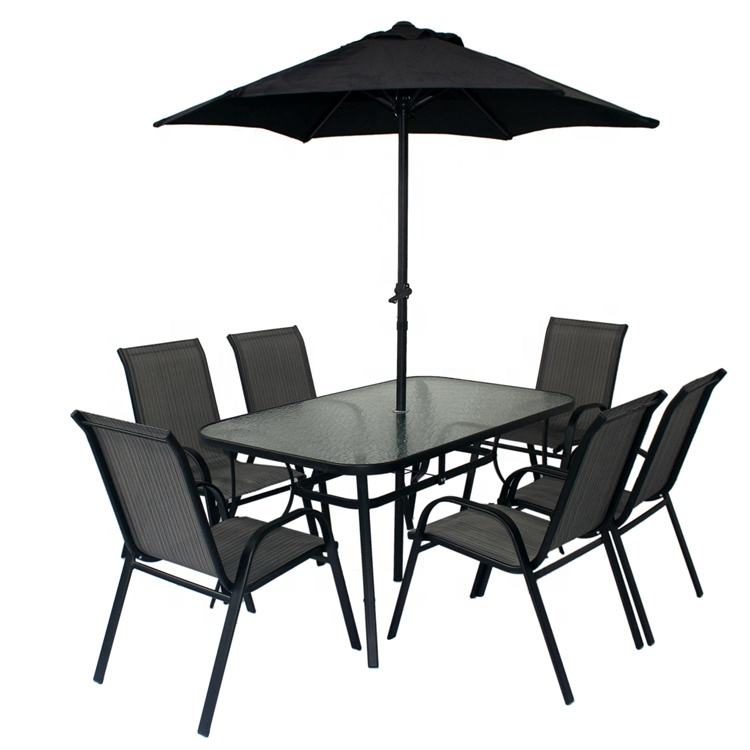 Cadeira e mesa com guarda-chuva para piscina, mobília empilhável para jardim ao ar livre, com varanda, para pátio e café, 8 peças