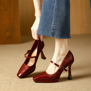 Zapatos de Tacón Alto con Correa de Hebilla y Punta Puntiaguda en Charol Marrón para Mujer, Zapatos de Tacón Alto para Todas las Temporadas - Product Image 4