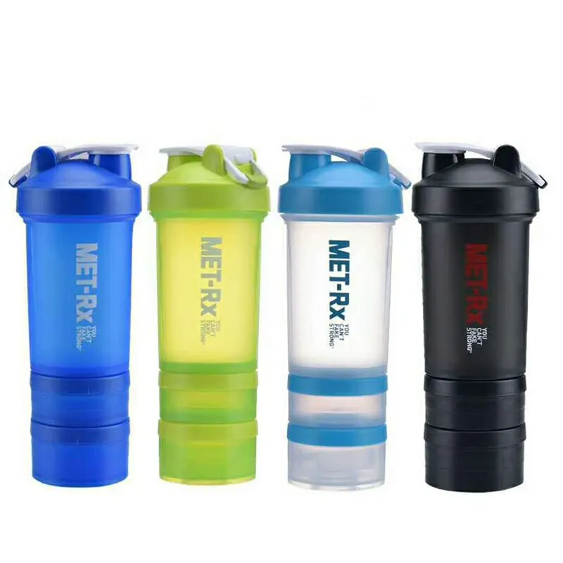 Großhandel individuelles Logo Fitness-Shaker-Flasche Mischer frei von BPA Sport Kunststoff Training Drei-Schichten-Protein-Shaker-Becherflasche