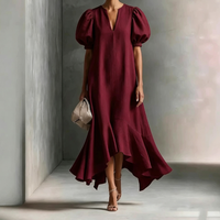 Nouvelle Robe Longue Tissée Respirante 2026 à Col en V, Manches Bouffantes, Taille Empire Amincissante, Couleur Unie et Ourlet Irrégulier – Tendance et Élégante