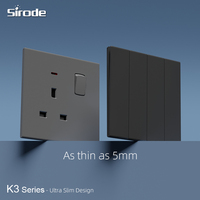 Prise murale électrique Sirode K3 Series, norme britannique, moderne, ultra-fine, plaque PC noire, 1 gang, 13A, avec interrupteur, pour la maison