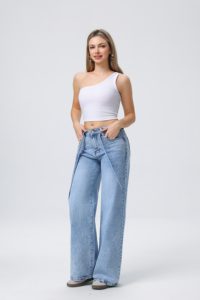 Nuovo modello di jeans a gamba larga da donna con decorazioni in strass, vita alta, versatili e tempestati di strass. - Product Image 3
