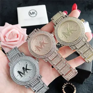 US Top Sell Brand Hip Pop Stainless Steel Strap Gold Plated Wristwatch Diamond Quartz Watch For Women