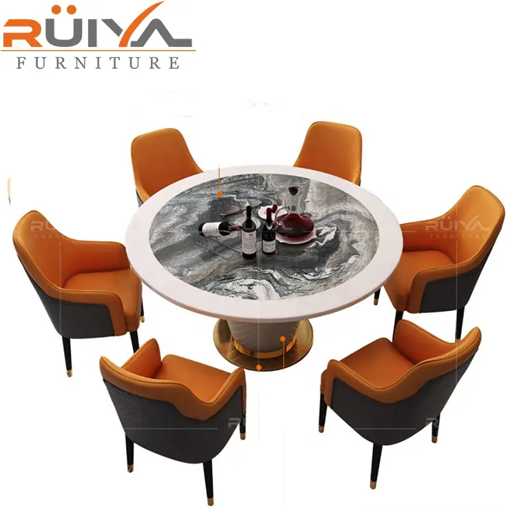 Mesa de comedor redonda de cuero, encimera de mármol con marco de acero inoxidable, diseño moderno