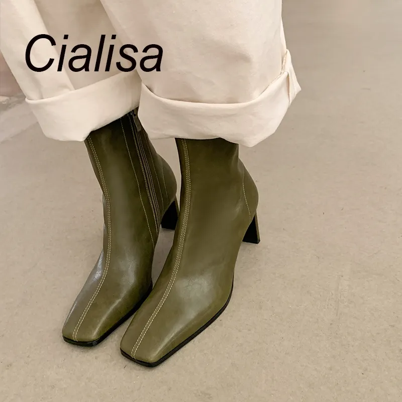 Cialisa Luxus hand gefertigte grüne volle echte Leder Frauen kurze Knöchel Stiefel quadratische Zehen block High Heels Schuhe Damen Kamel 40