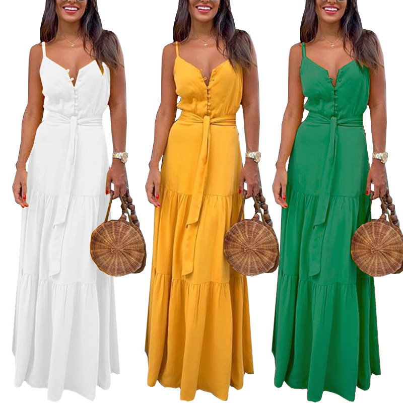 Bohemian solid buttons maxi long ladies slip clothing dress plus size women's summer dresses