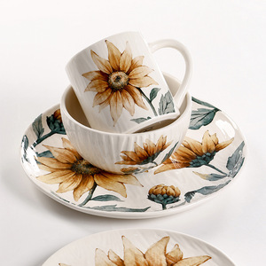 European and American French relief ceramic Western pastry plate, creative home flat plate bowl <b>cup</b> <b>set</b>, sunflower arrangement - Product Image 1