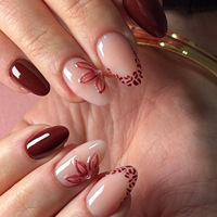 Aanpasbare wijnrode & nude gradient opzetnagels - medium amandelvorm met 3D bloemen & luipaardprint & parel accenten groothandel