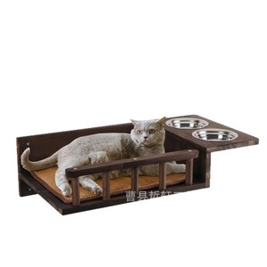 Perchoir mural pour chat en bois avec station d'alimentation, lit et gamelle pour chats, un seul niveau - Product Image 5