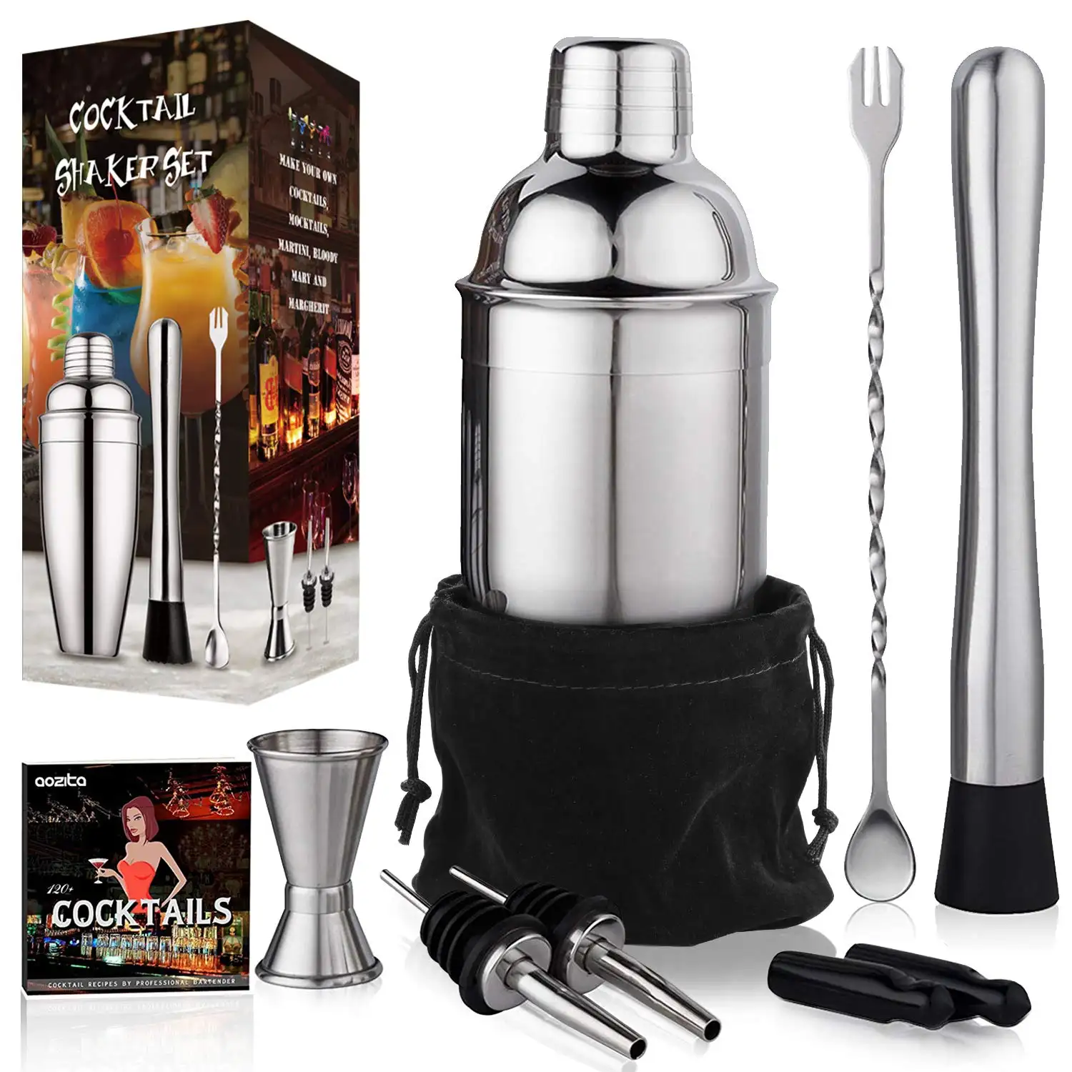 Cocktail Kit 8-Piece Barware Collection 750ml Shaker, Velvet Bag & Recipe Book Standard Factory Price Shaker Cocktail Kit