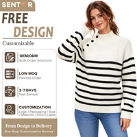 Sweater Rajut Wanita Grosir Model Ribbed Knit, Kerah Mock Neck Custom, Kancing Asimetris, Motif Garis Hitam Putih, Longgar
