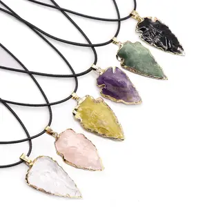 Shiyi Classic Colorful Crystal Arrow Shape Pendant Necklace Natural Stone Agate Obsidian Necklace Jewelry