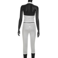 Conjunto de 2 piezas de verano para mujer, sexy, con cuello halter, sin espalda, con estampado de lunares, elástico, top corto y pantalones capri, estilo urbano.