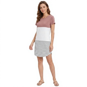 Vestido Camiseta de Manga Corta con Estampado de Rayas y Bloques de Color para Mujer, Corte Holgado, Cuello Redondo, Casual, de Longitud Media, Tejido, para Primavera/Verano - Product Image 1