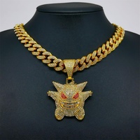 Collar con colgante de Gengar divertido, estilo hip hop, con cadena cubana grande de aleación de zinc y diamantes de imitación.
