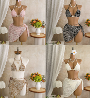 STOK BARU 4 Warna Grosir Baju Pantai Bertekstur Bergaris 3 Potong Set Bikini Wanita Seksi Sarung Pantai
